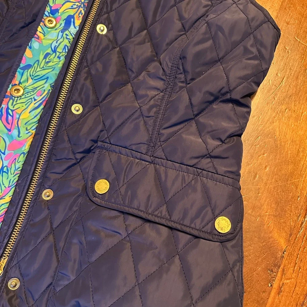 Lilly Pulitzer Navy Quilted Reversible Vest with Gold Buttons and Floral Lining